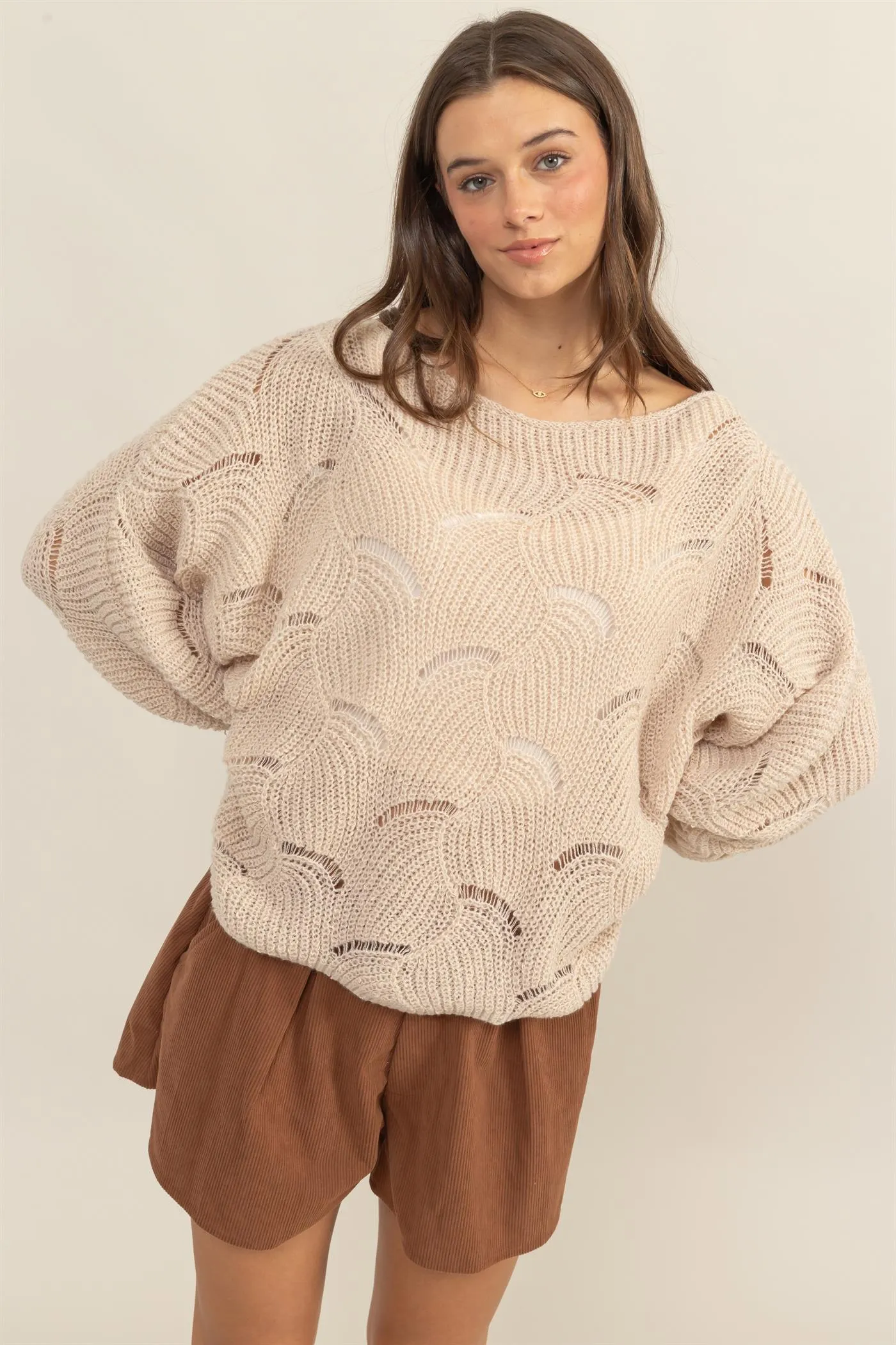 HF25A287-Pointelle Chunky Knit Sweater