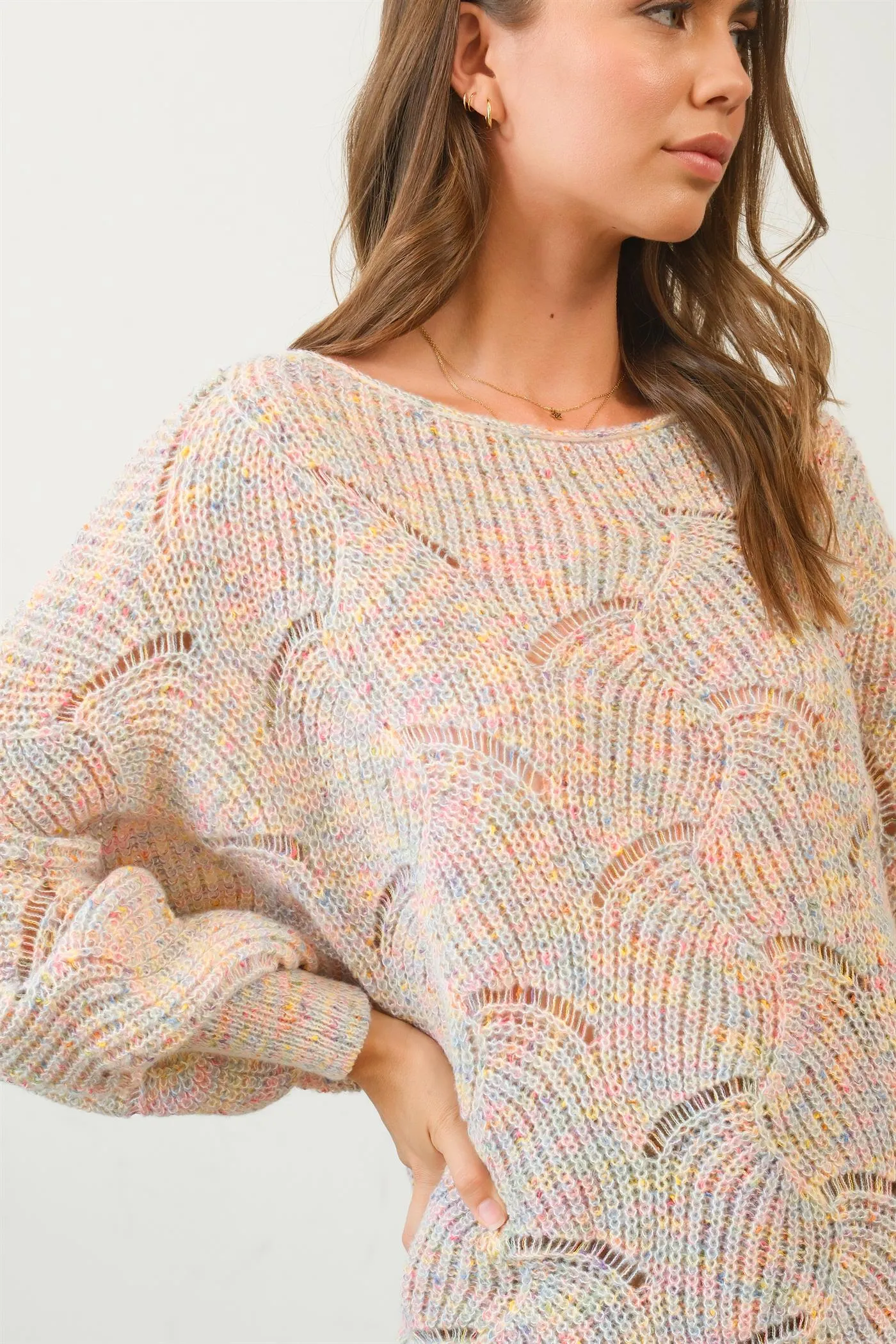 HF25A287-Pointelle Chunky Knit Sweater