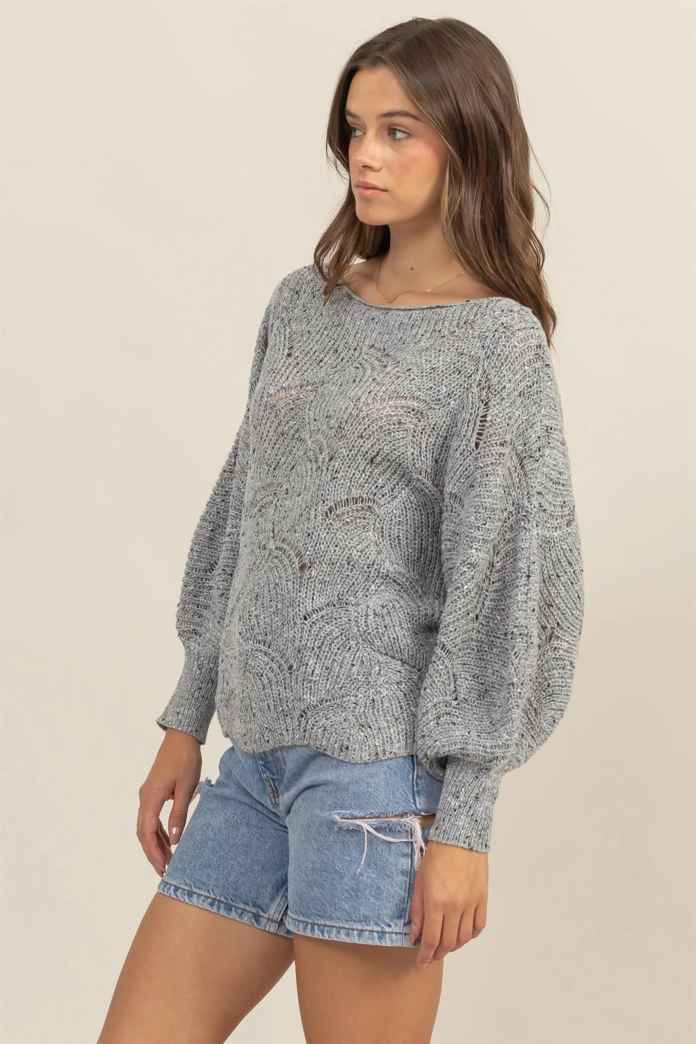 HF25A287-Pointelle Chunky Knit Sweater