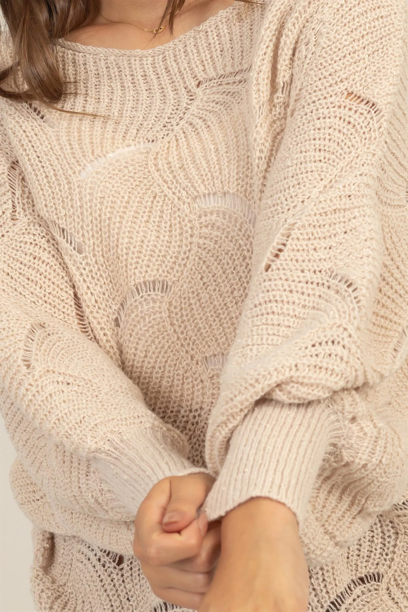 HF25A287-Pointelle Chunky Knit Sweater