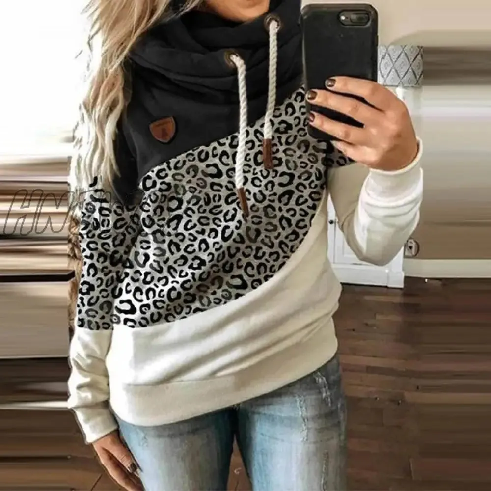 Hnewly Women Leopard Patchwork Hooded Sweatshirt Autumn Winter Turtleneck Warm Long Sleeve Printed Hoodies Female Drawstring Pullovers