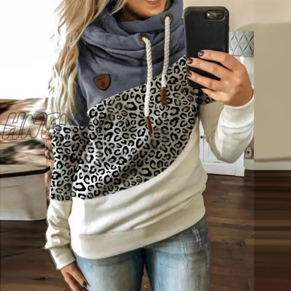 Hnewly Women Leopard Patchwork Hooded Sweatshirt Autumn Winter Turtleneck Warm Long Sleeve Printed Hoodies Female Drawstring Pullovers