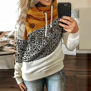 Hnewly Women Leopard Patchwork Hooded Sweatshirt Autumn Winter Turtleneck Warm Long Sleeve Printed Hoodies Female Drawstring Pullovers