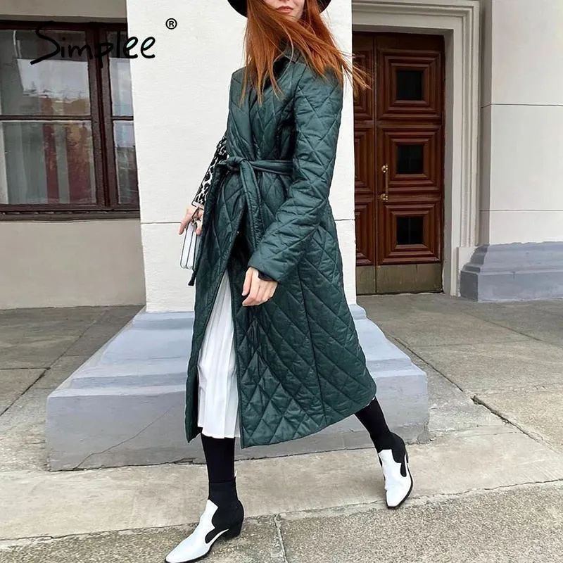 Joskaa Long straight winter coat with rhombus pattern Casual sashes women parkas Deep pockets tailored collar stylish outerwear