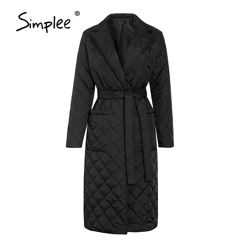 Joskaa Long straight winter coat with rhombus pattern Casual sashes women parkas Deep pockets tailored collar stylish outerwear