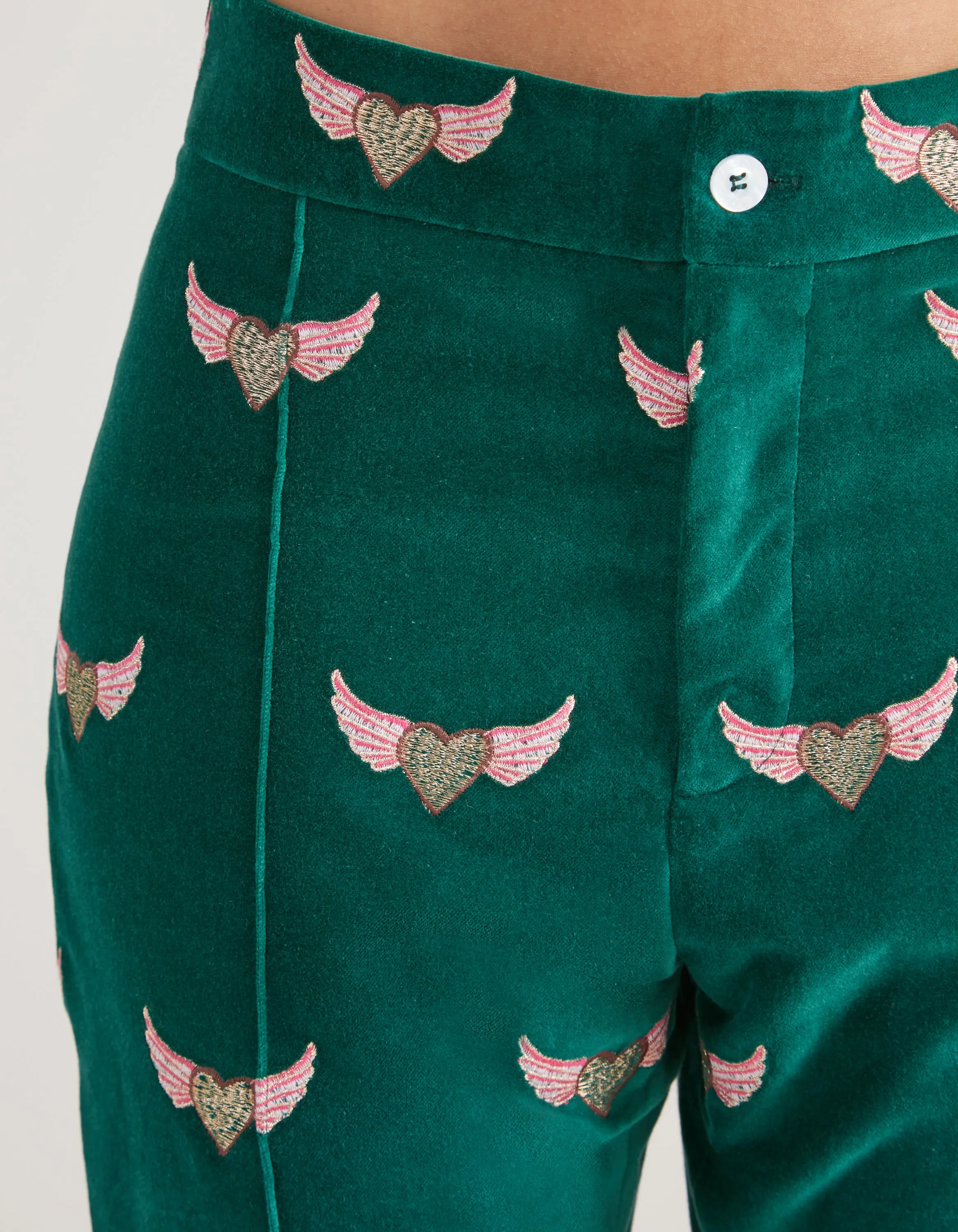 Kelly Green Velvet Flying Hearts Embroidered Trousers