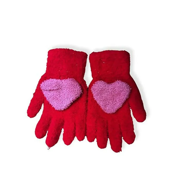 Kids Winter Gloves Warm Faux Wool, Elastic Knit, Heart Pattern, for (3-8 Year Olds)