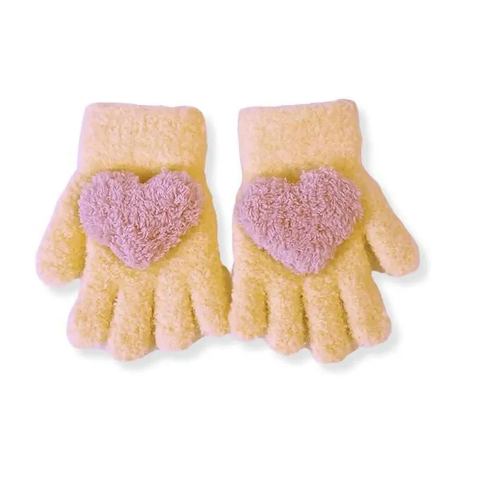 Kids Winter Gloves Warm Faux Wool, Elastic Knit, Heart Pattern, for (3-8 Year Olds)