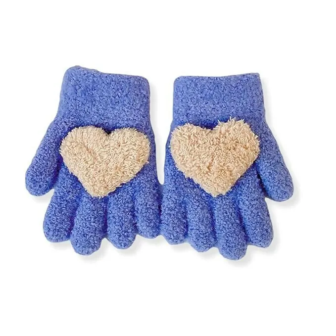 Kids Winter Gloves Warm Faux Wool, Elastic Knit, Heart Pattern, for (3-8 Year Olds)