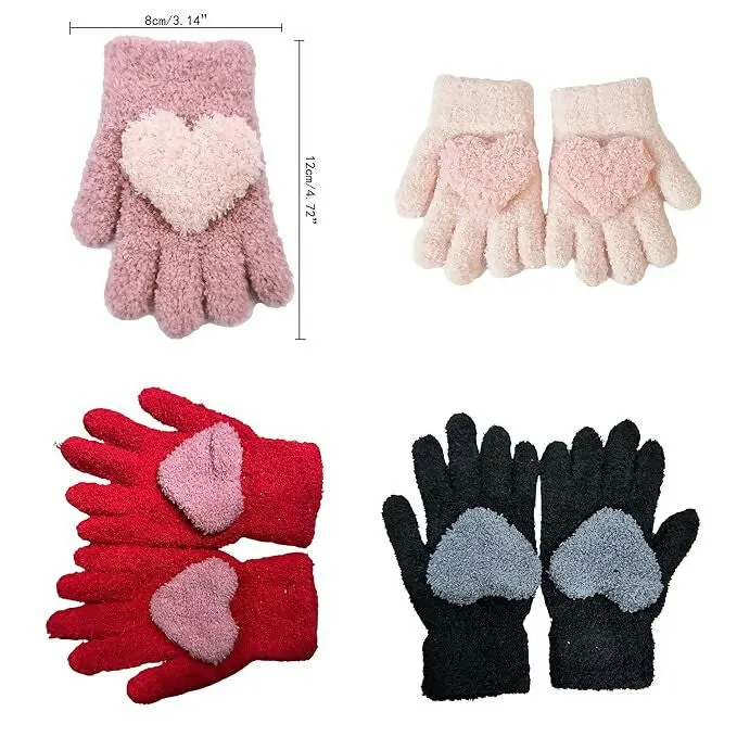 Kids Winter Gloves Warm Faux Wool, Elastic Knit, Heart Pattern, for (3-8 Year Olds)