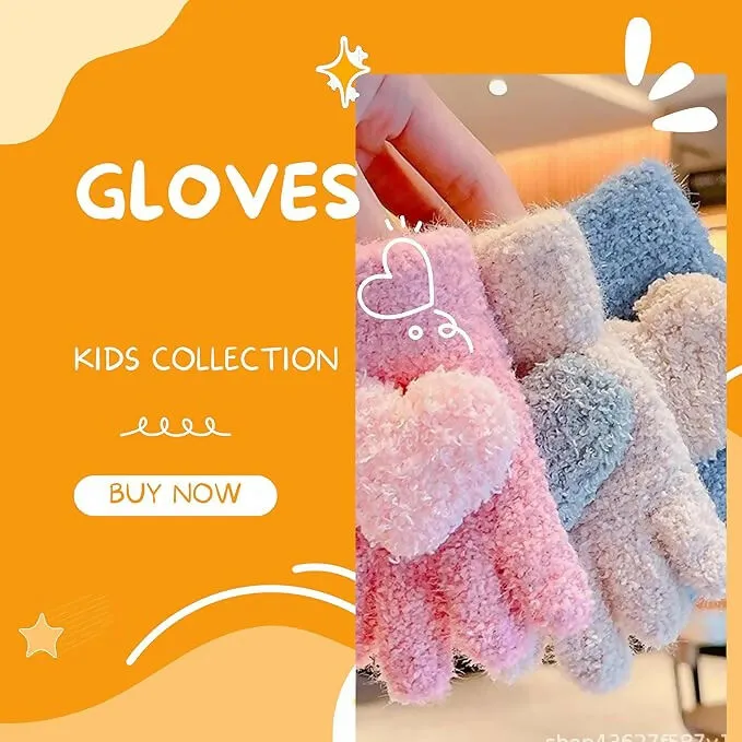 Kids Winter Gloves Warm Faux Wool, Elastic Knit, Heart Pattern, for (3-8 Year Olds)