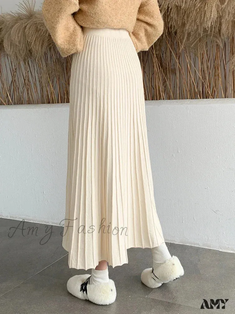 Knitted Long Maxi Casual Solid Thick Warm A-Line High Waist Ankle Length Skirt