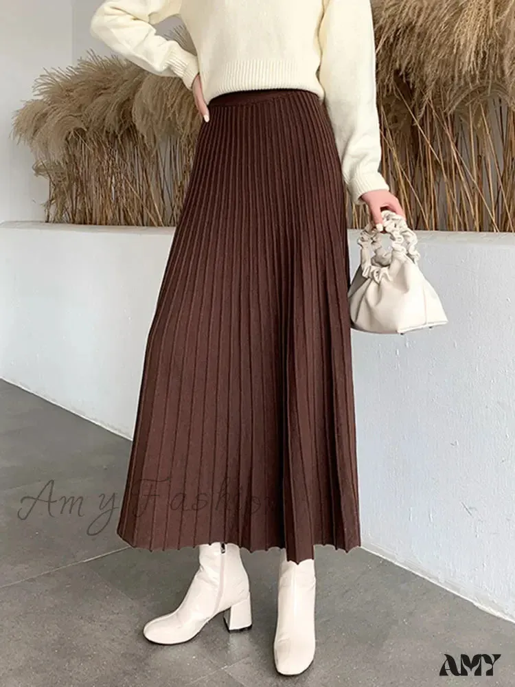 Knitted Long Maxi Casual Solid Thick Warm A-Line High Waist Ankle Length Skirt