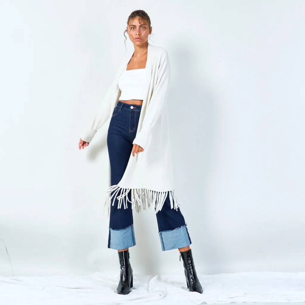 Long knit cardigan with fringe hem wholesale