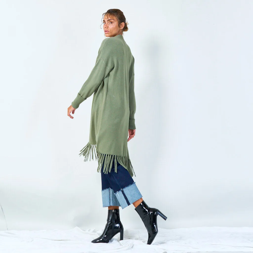 Long knit cardigan with fringe hem wholesale