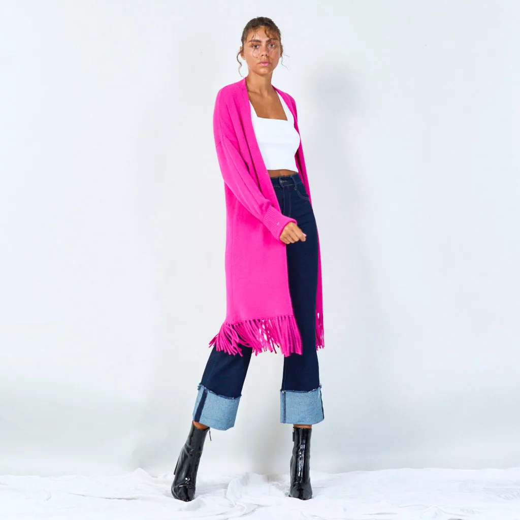 Long knit cardigan with fringe hem wholesale