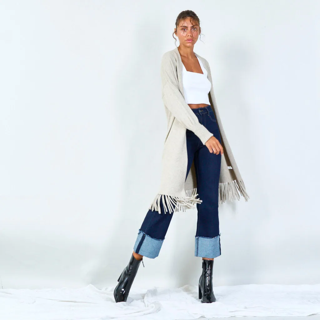 Long knit cardigan with fringe hem wholesale