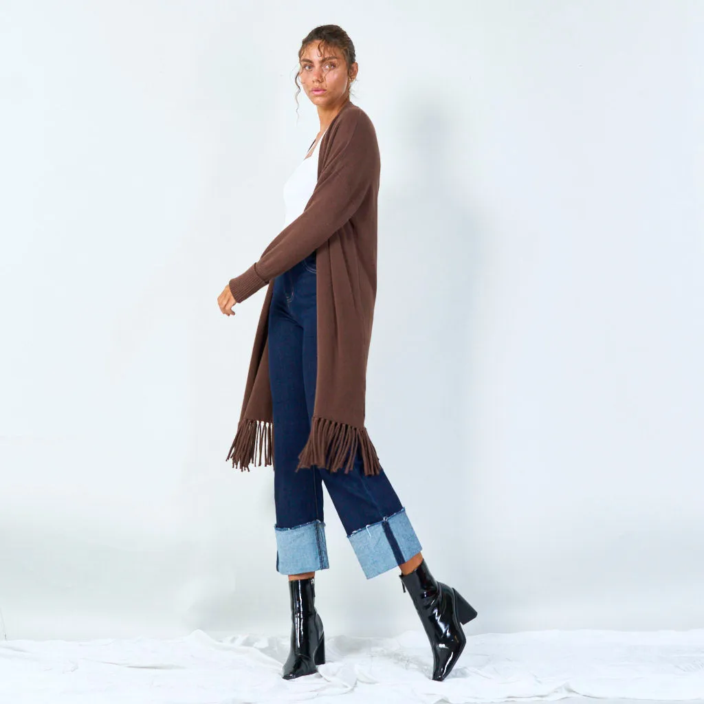 Long knit cardigan with fringe hem wholesale