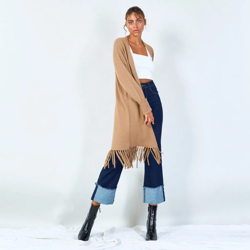 Long knit cardigan with fringe hem wholesale