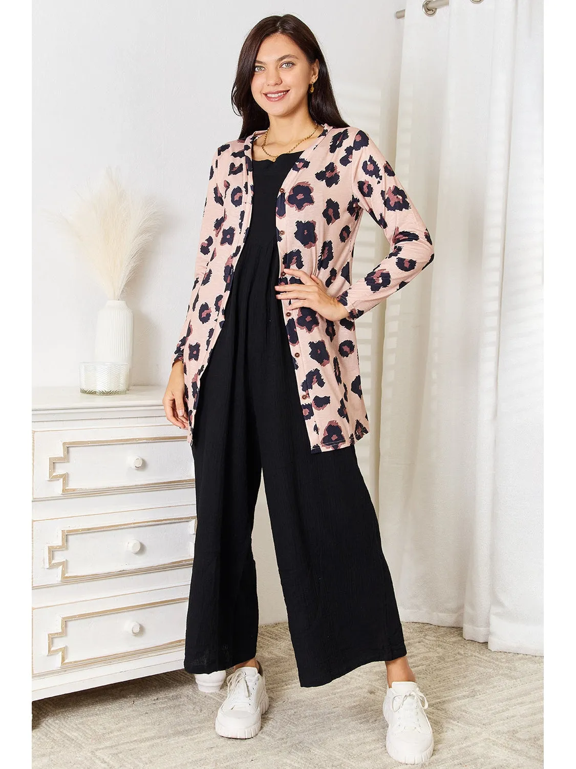 NicholesGifts Women Double Take  Leopard Printed Button Front Longline Cardigan