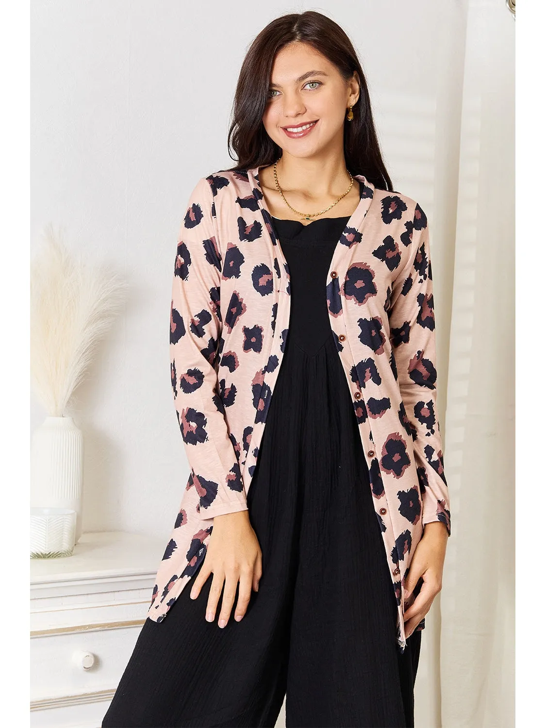 NicholesGifts Women Double Take  Leopard Printed Button Front Longline Cardigan