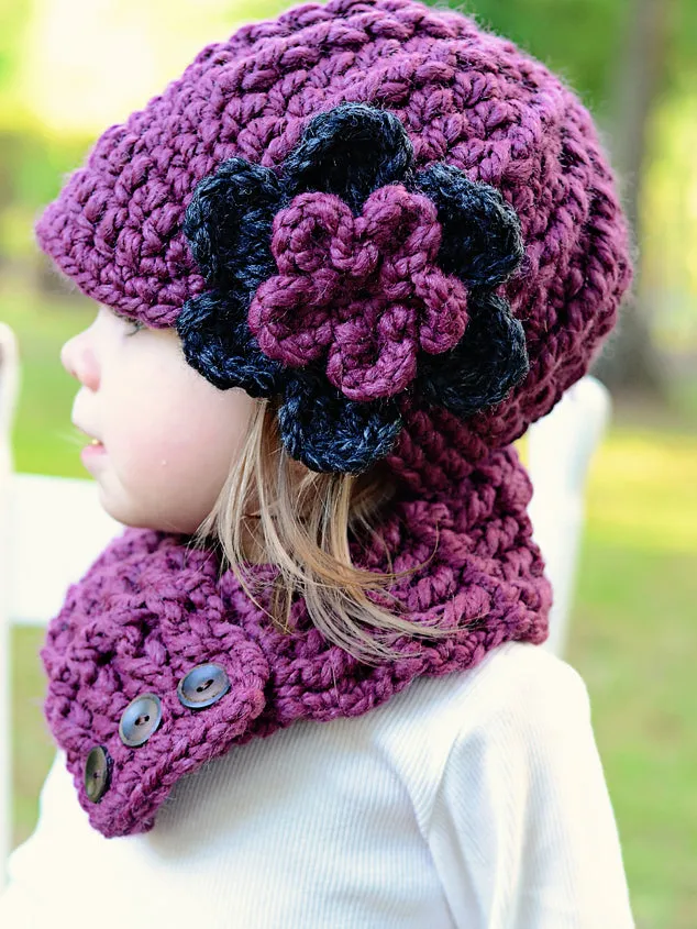 Purple plum & charcoal gray flower beanie winter hat