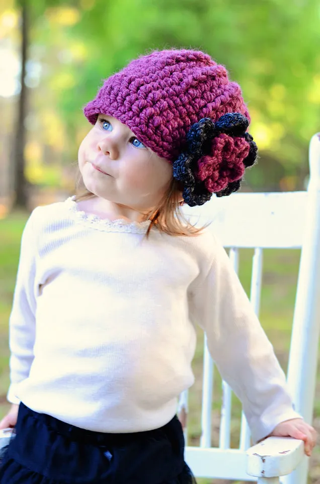 Purple plum & charcoal gray flower beanie winter hat