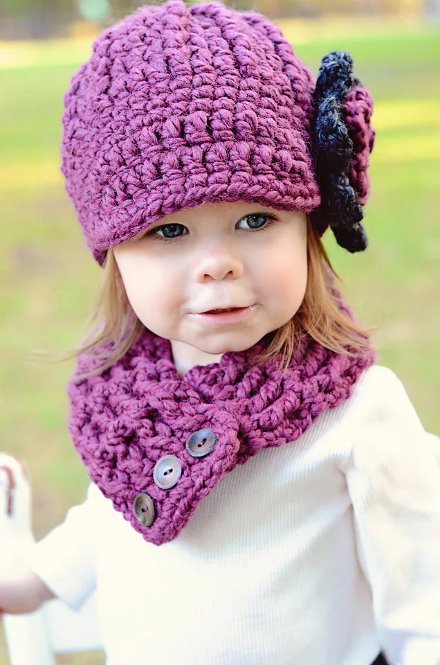 Purple plum & charcoal gray flower beanie winter hat