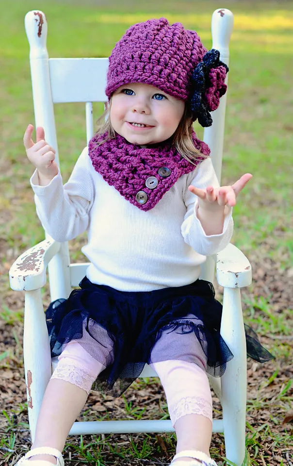 Purple plum & charcoal gray flower beanie winter hat