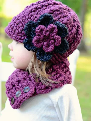 Purple plum & charcoal gray flower beanie winter hat