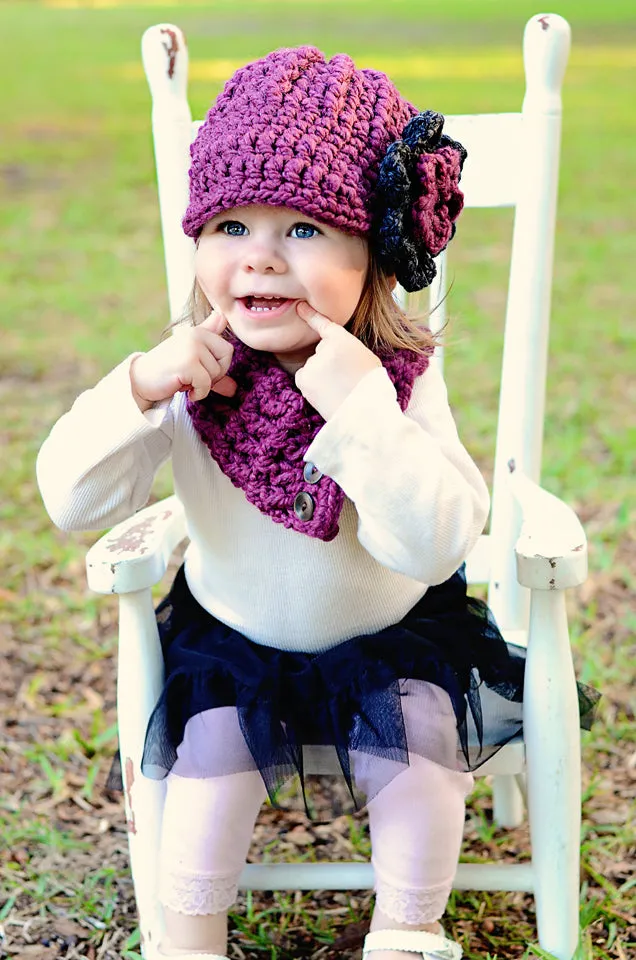 Purple plum & charcoal gray flower beanie winter hat