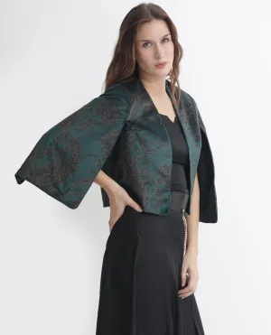 Rareism Women Elani Green Velvet Fabric 3/4Th Sleeves Cape Sleeve Regular Fit Floral Print Shrug