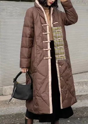 Simple Brown Patchwork Oriental Button Duck Down Puffer Outwear Winter