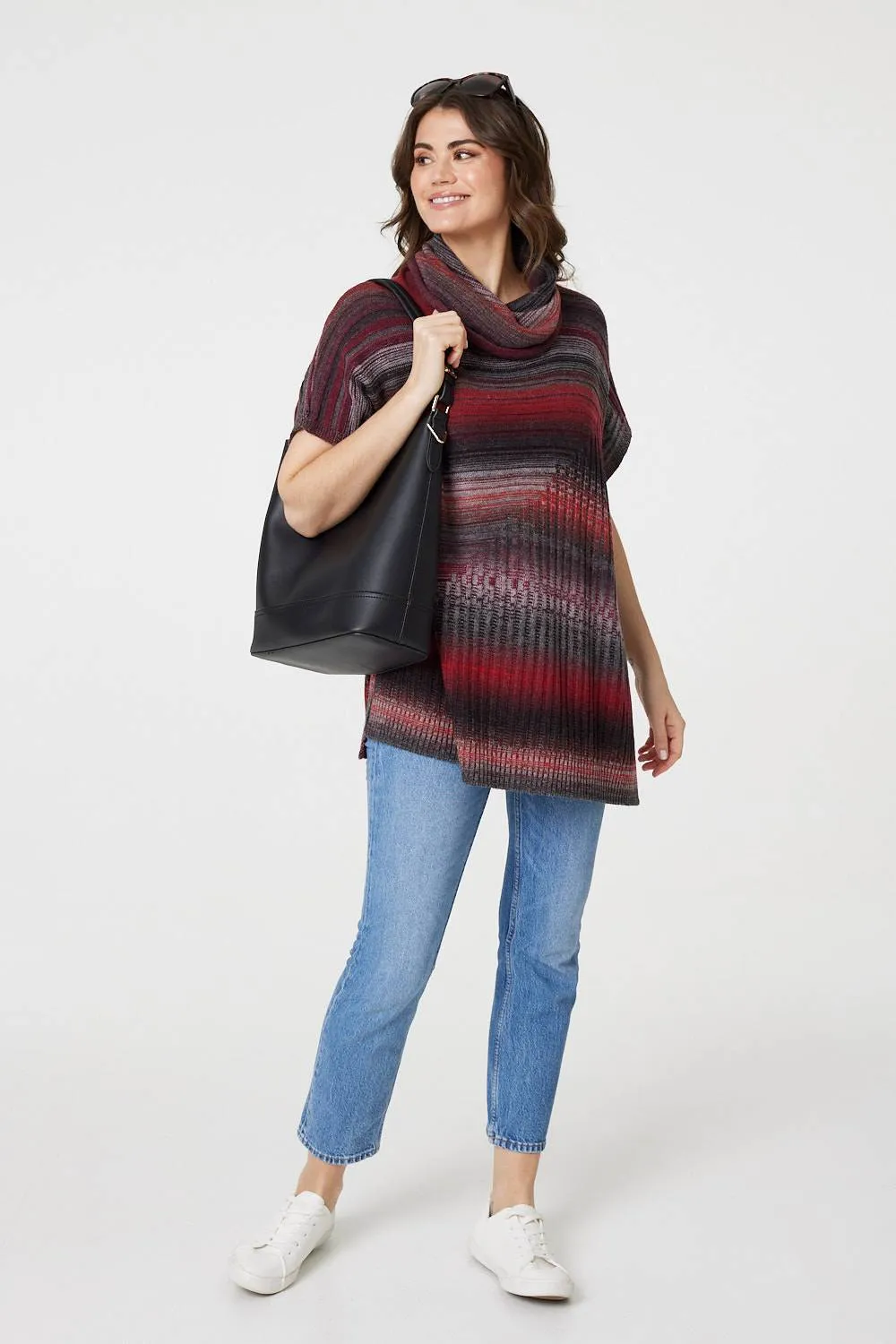 Striped Cowl Neck Oversized Knit Top