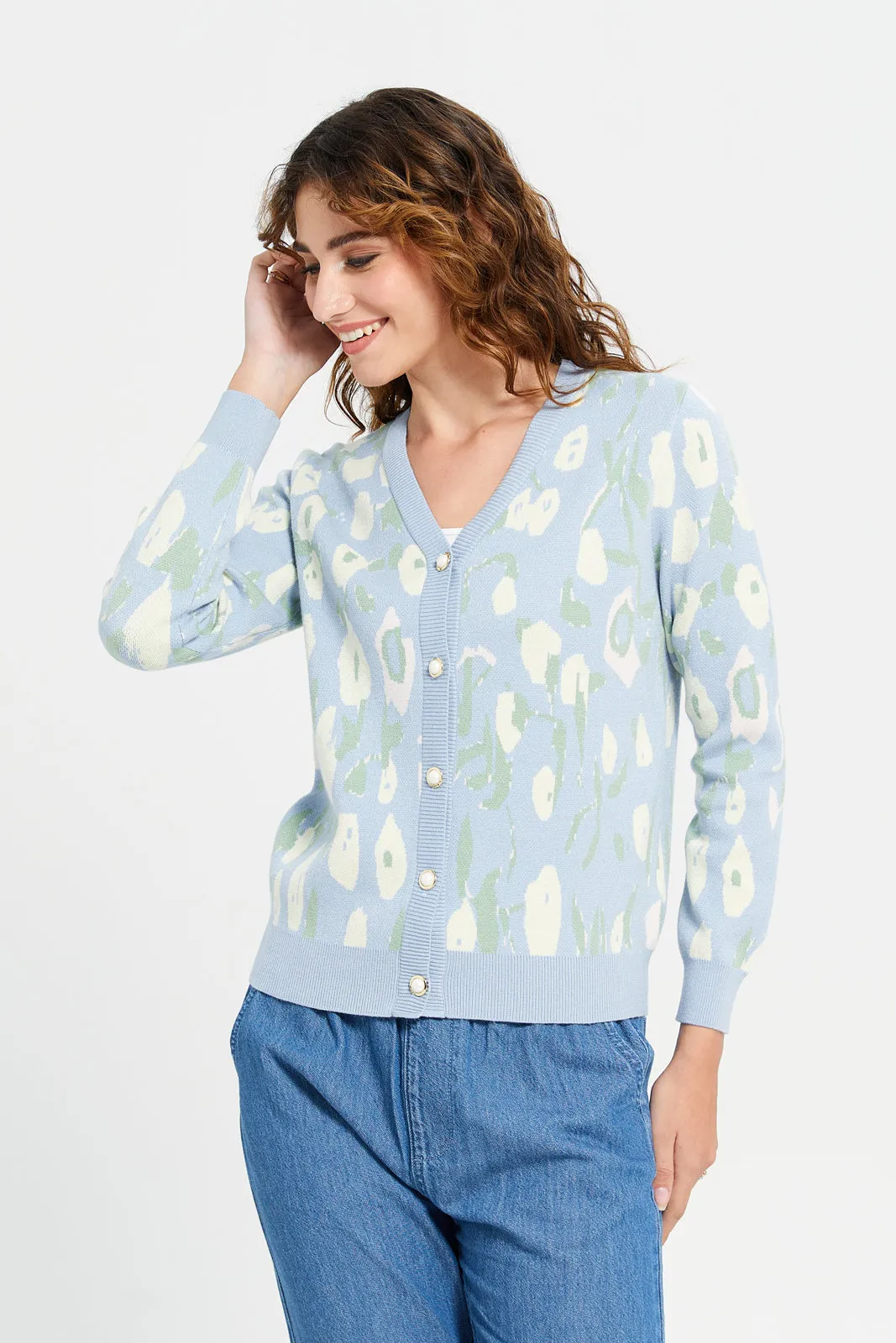 Women Blue Floral Print Knitted Cardigan