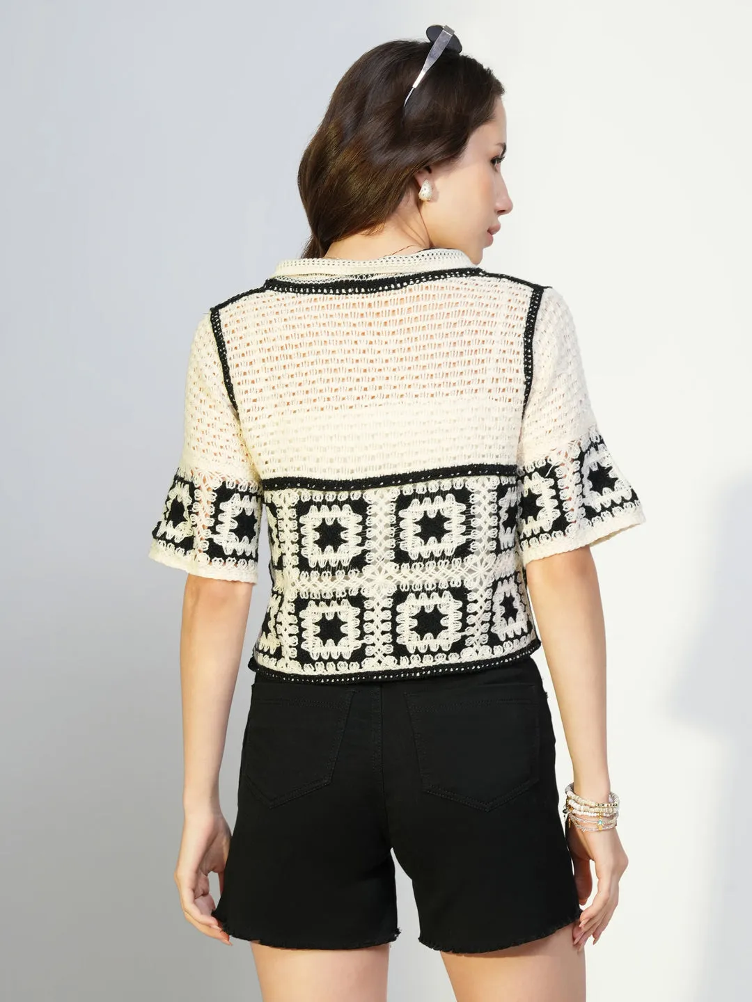 Women Cream Geometric Crochet Crop Top