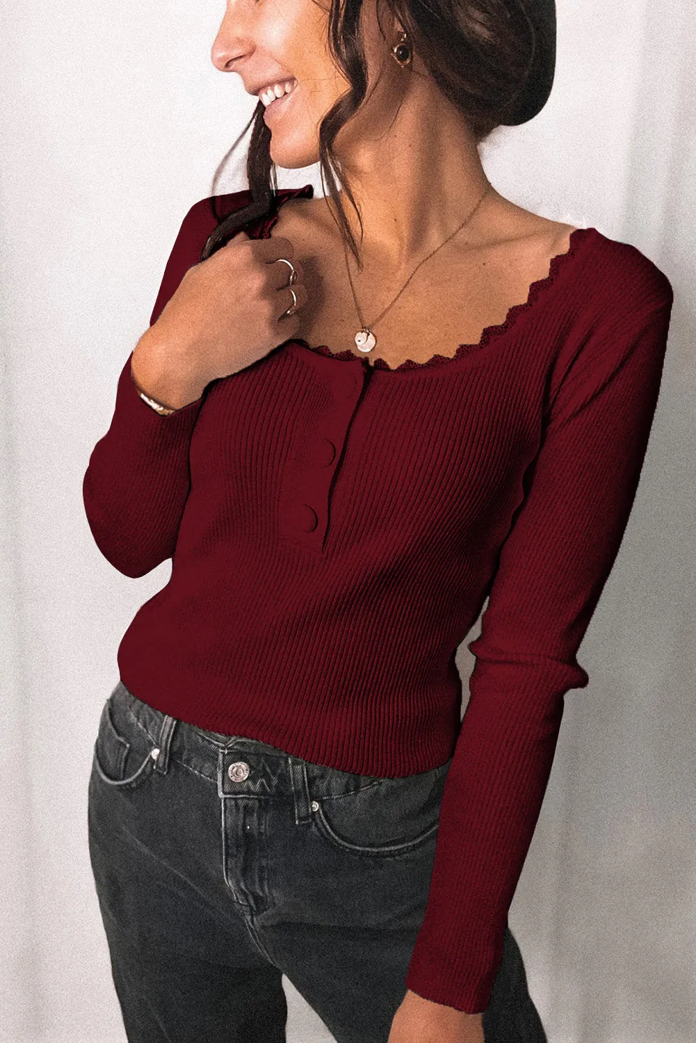 Women Gray Lace Knitted Buttoned Long Sleeve Sweater