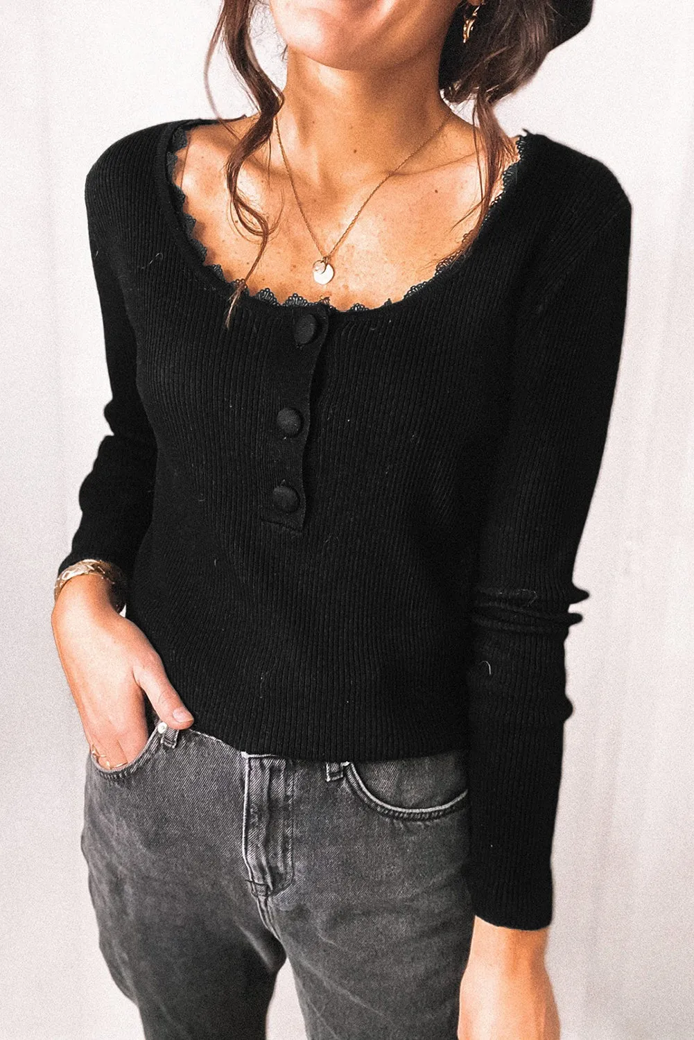 Women Gray Lace Knitted Buttoned Long Sleeve Sweater