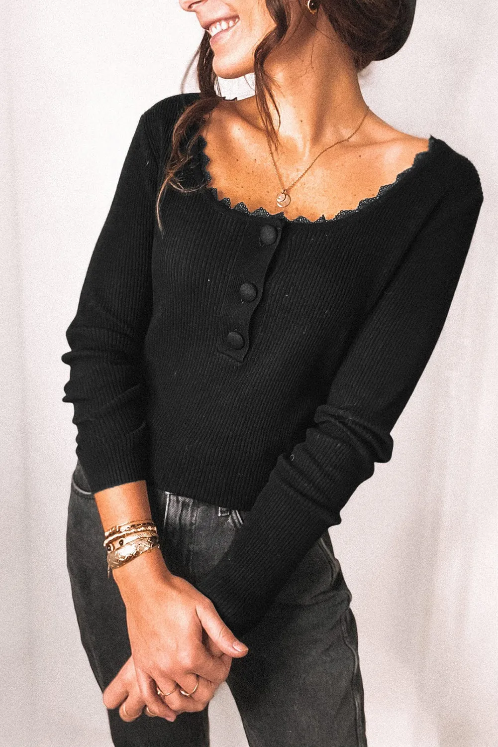 Women Gray Lace Knitted Buttoned Long Sleeve Sweater