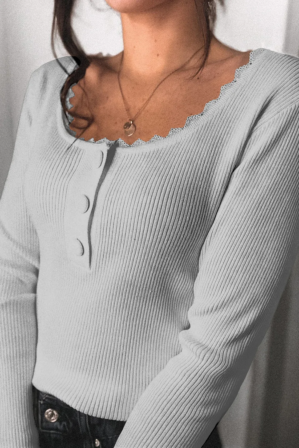 Women Gray Lace Knitted Buttoned Long Sleeve Sweater