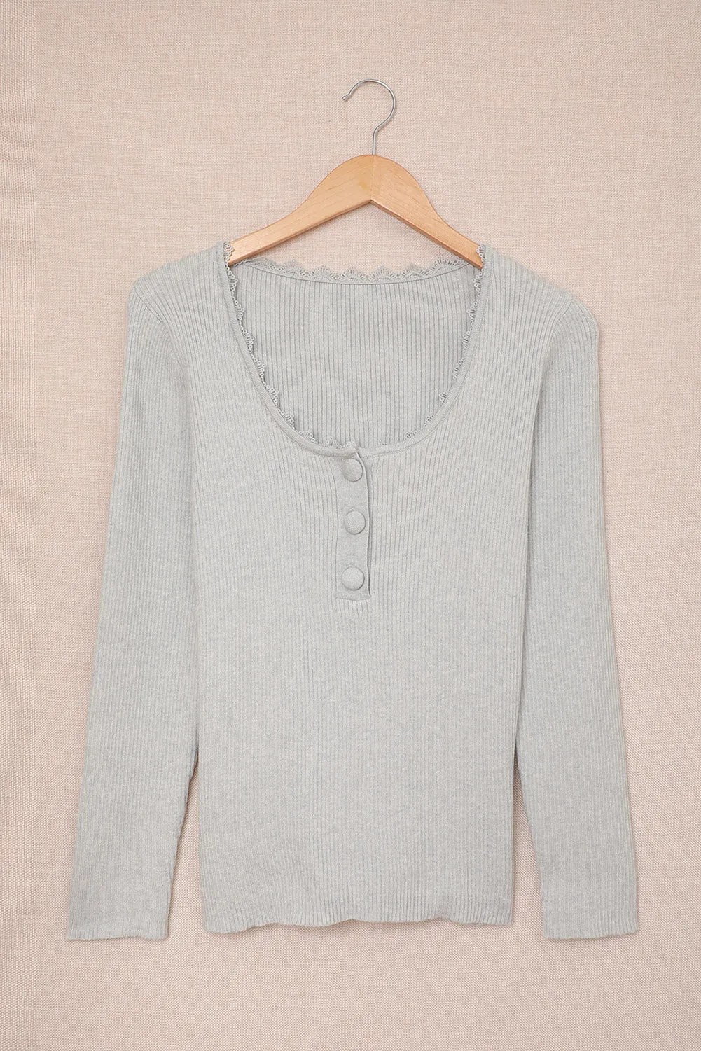 Women Gray Lace Knitted Buttoned Long Sleeve Sweater