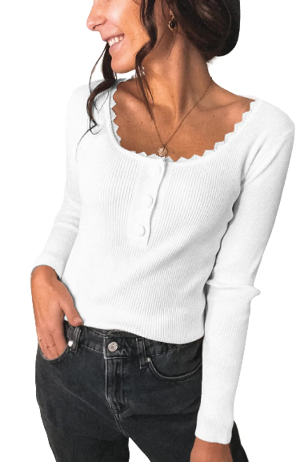 Women Gray Lace Knitted Buttoned Long Sleeve Sweater