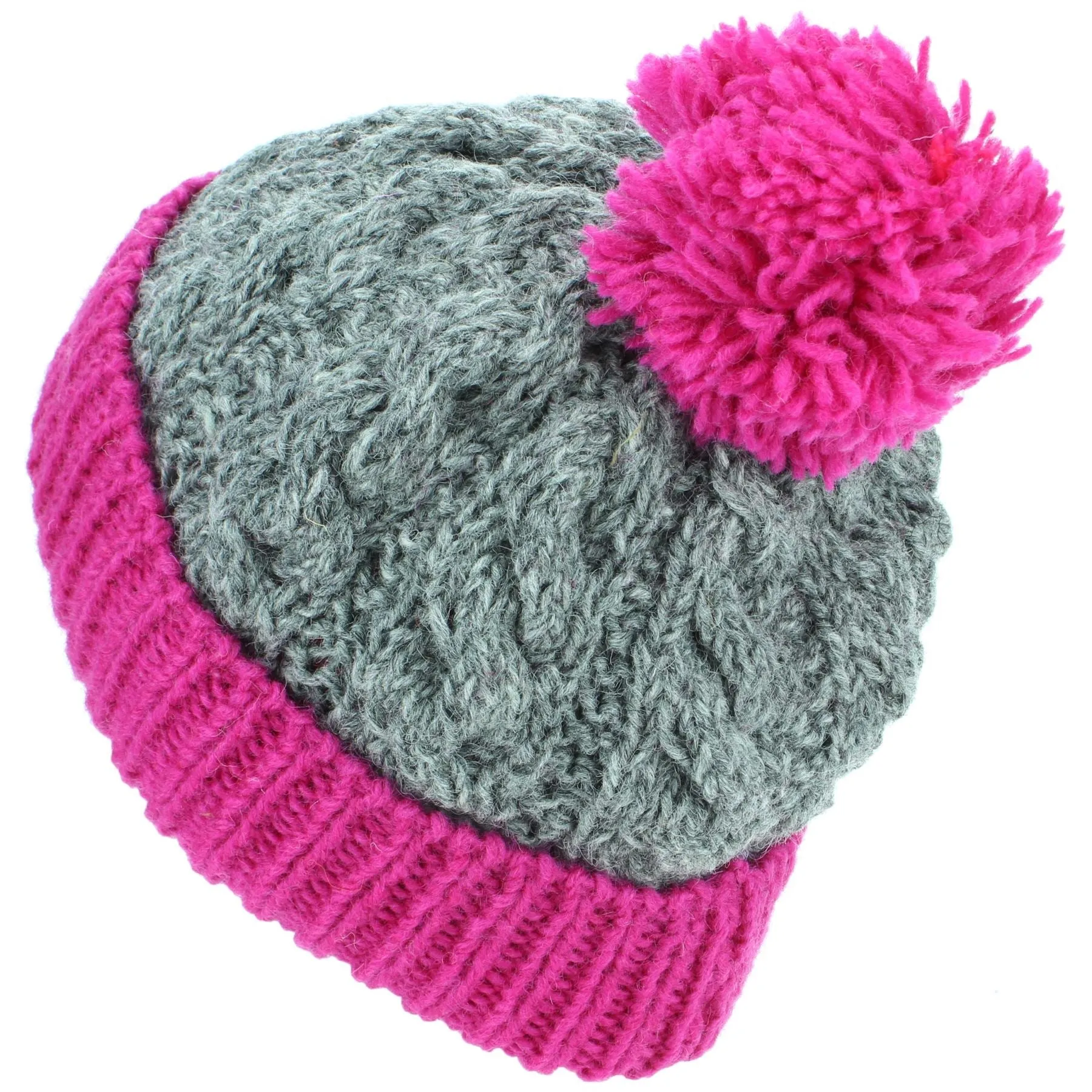 Wool Cable Knit Beanie Bobble Hat - Grey & Pink