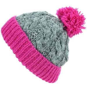 Wool Cable Knit Beanie Bobble Hat - Grey & Pink